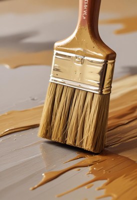A paintbrush rests on a surface after applying brown paint