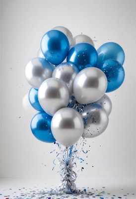 A bouquet of blue and silver balloons floats in the air