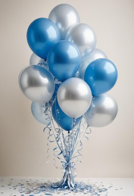 Blue and silver balloons tied with ribbons