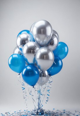 A bunch of blue and silver balloons with ribbons