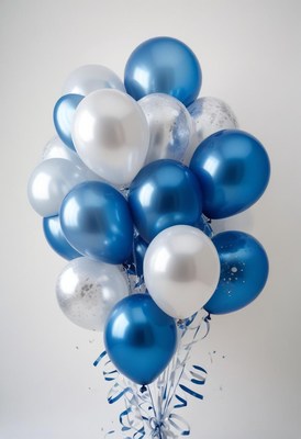 A bunch of blue and white balloons are ready to celebrate