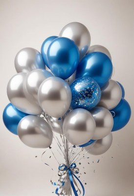 Blue and silver balloons tied with ribbon