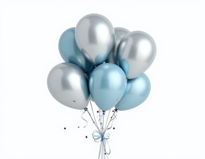 Silver and blue balloons tied with a ribbon