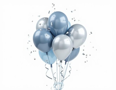 A bunch of blue and silver balloons with confetti