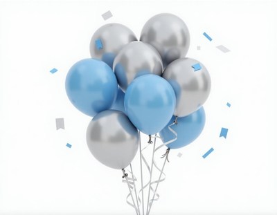 Blue and silver balloons float in the air