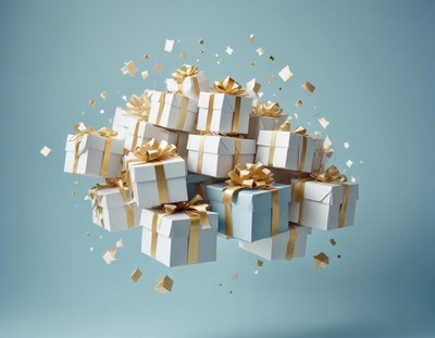 A cluster of white gifts with gold bows floats in the air