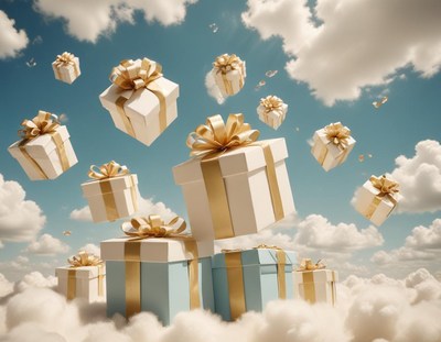 Gifts falling from the sky on a bright day