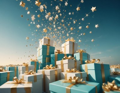 Gifts with gold ribbons amid falling stars
