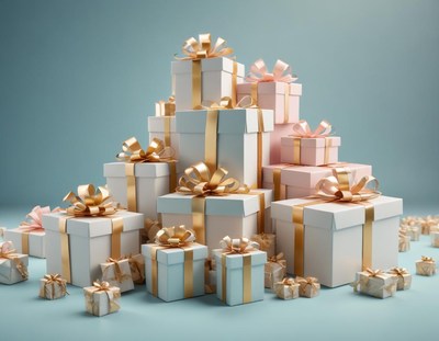 A stack of gifts with gold bows sits on a blue background