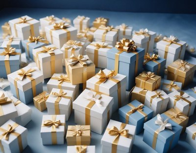 Many gifts are stacked on a table