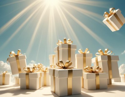 White gift boxes with gold bows float in the air