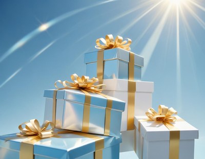 Stacked gifts with golden bows shine under a bright sun