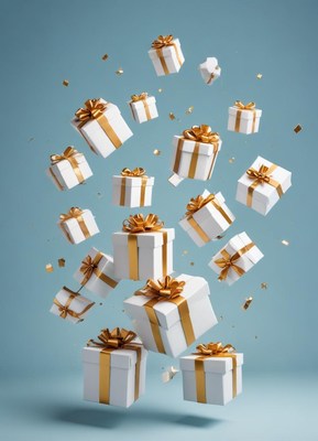 White gift boxes with gold ribbon fall in the air