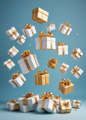White and gold gift boxes fall on a blue background