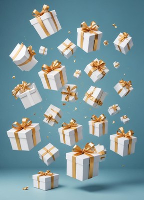 Gold-bowed gift boxes fall on a blue backdrop