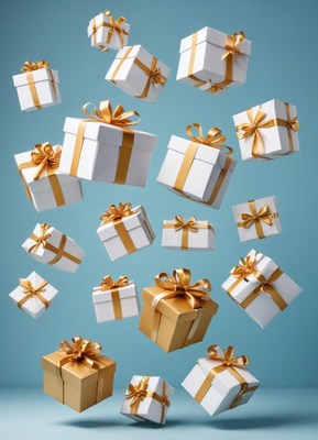 White and gold gift boxes float in the air