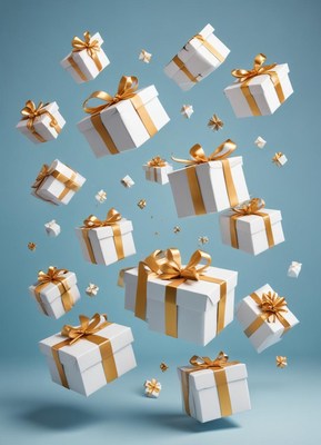 Gold-ribboned gift boxes float on a blue backdrop
