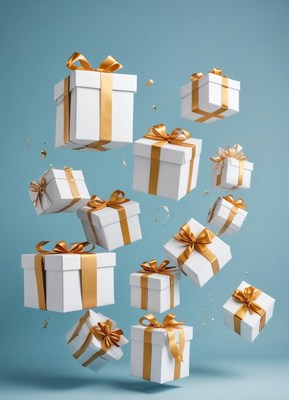 Gold-ribboned gift boxes float on a blue background