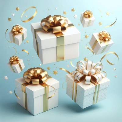White gift boxes with gold ribbon float in the air