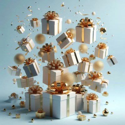White gift boxes with gold bows float in the air