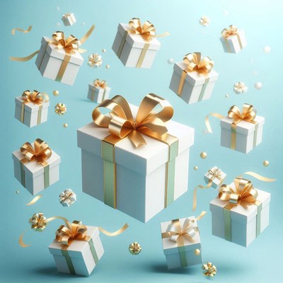 White gift boxes with gold bows float in the air