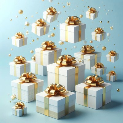 White gift boxes with gold bows float in the air