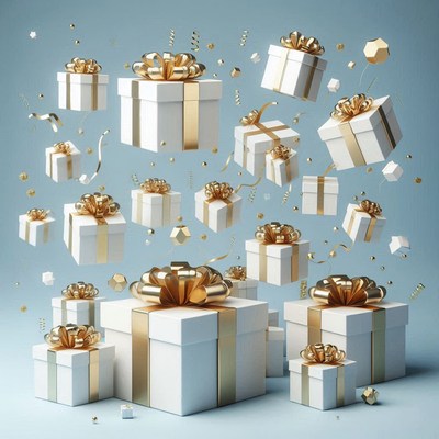 White gift boxes with gold ribbon float in the air