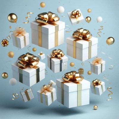 White gifts with gold bows float on a blue background