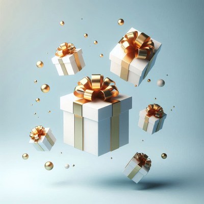 White gift boxes with gold bows float in the air
