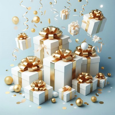 Gold-ribboned gift boxes on a blue background