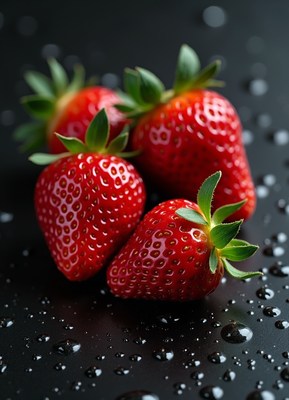 Four ripe, red strawberries are arranged on a black surface