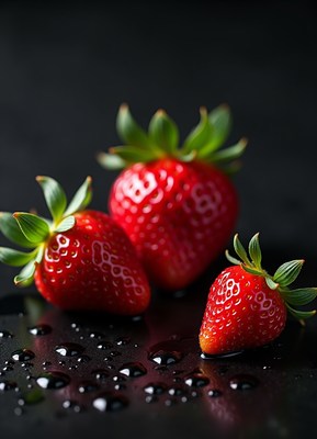 Three ripe strawberries with droplets on black