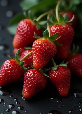 Fresh strawberries with water droplets on a black surface