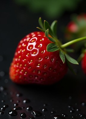 A close-up of a ripe strawberry with water droplets