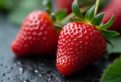 Two ripe strawberries on a black surface
