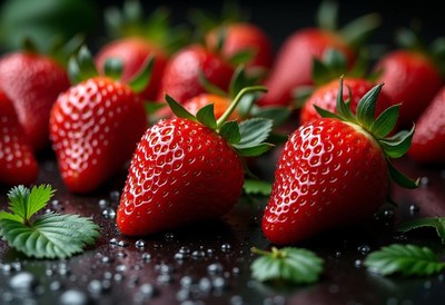 Ripe red strawberries with green leaves on a dark surface
