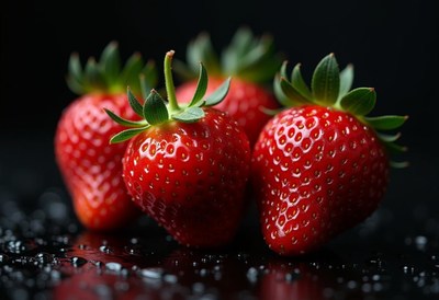 Four ripe strawberries sit on a dark surface