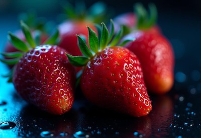 Fresh strawberries on a dark surface with water droplets