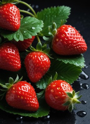 Fresh strawberries with green leaves and water droplets