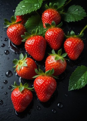 Fresh strawberries with dew drops on a black surface