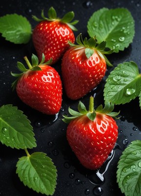 Four strawberries with green leaves on black