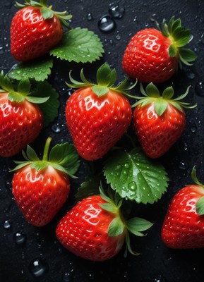 Fresh strawberries with green leaves on a dark surface