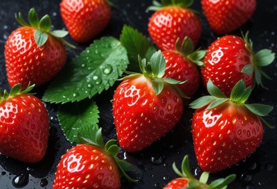 Red strawberries with green leaves on a black surface