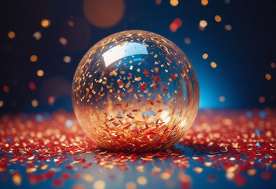 A clear sphere rests on red confetti
