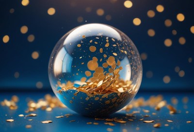 A clear, round glass sphere rests on a blue surface