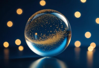 Glass sphere with gold flakes on blue backdrop