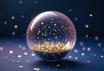 Gold confetti sphere on a blue surface