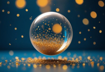 Gold glitter sphere hovers over blue surface