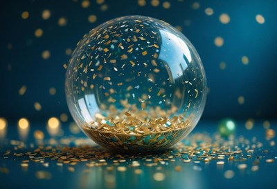 Gold confetti balloon on a blue surface