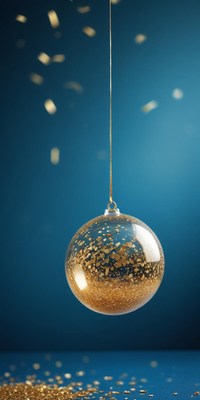 A gold ornament hangs against a blue background